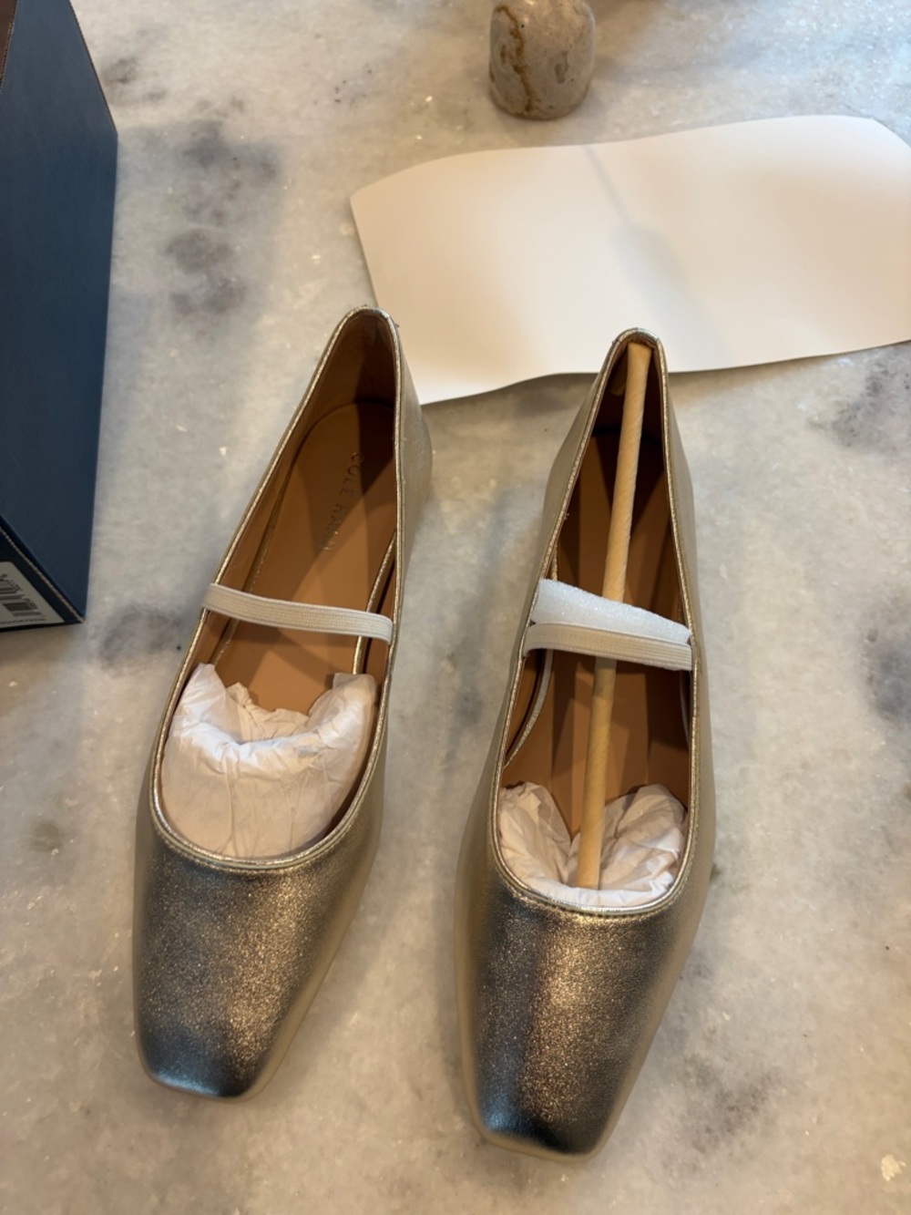 Cole Haan Metallic Silver Mary Jane Flats with Elastic Strap (never worn)